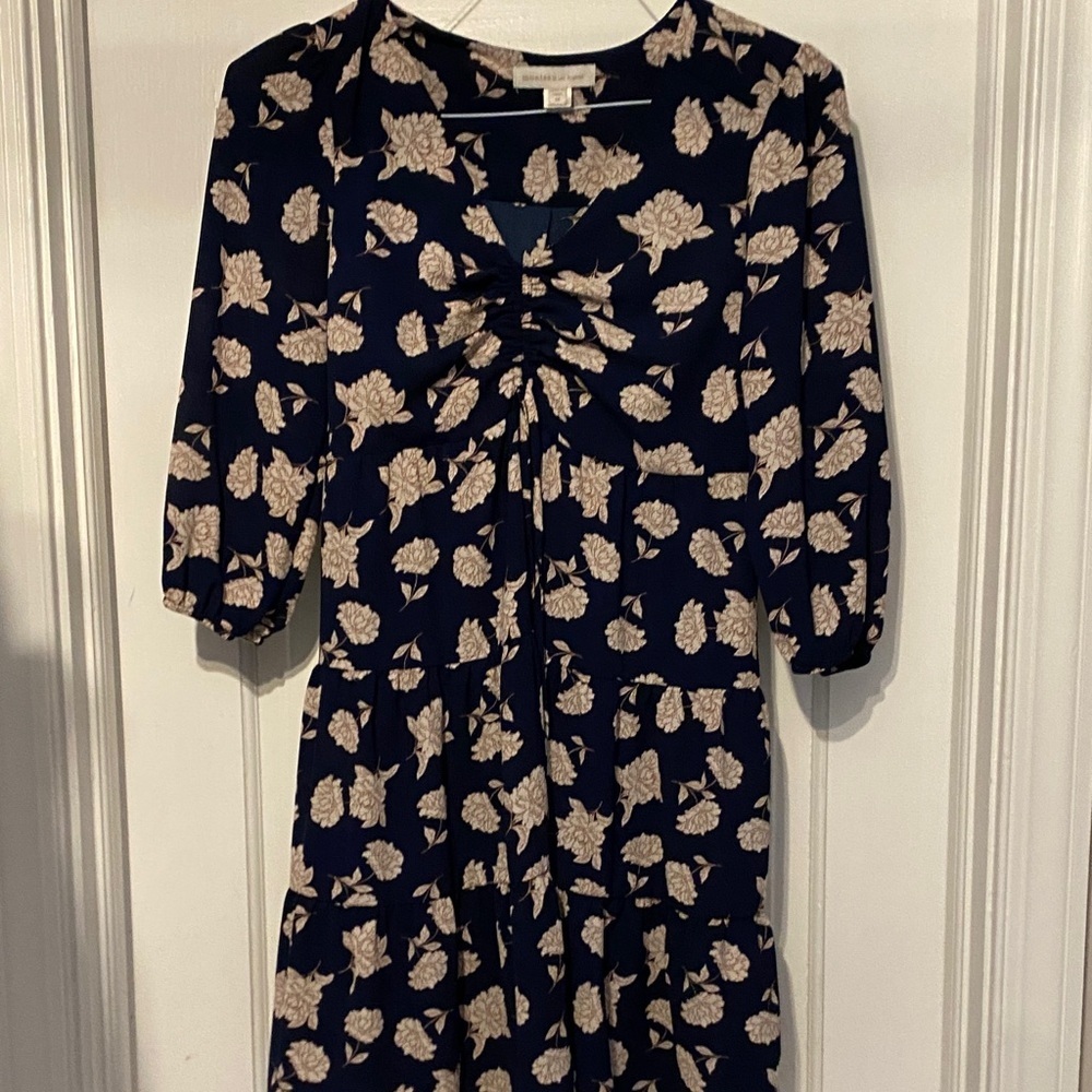 Monteau Dark Blue Dress with Cream Floral Pattern - Picture 3 of 4